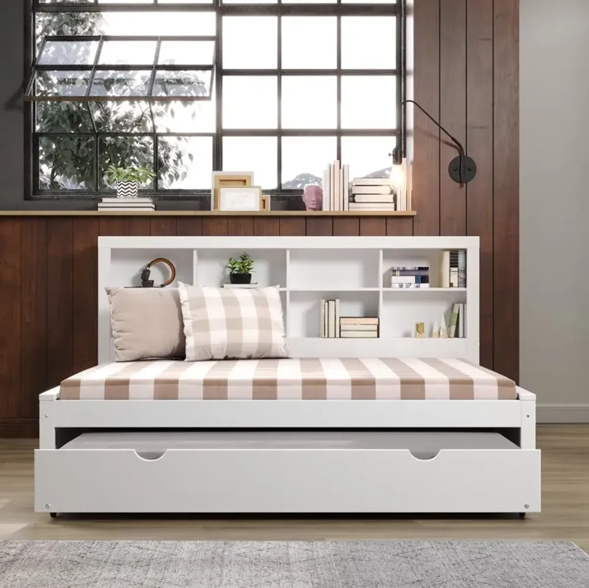 White Full Bookcase Daybed with Trundle