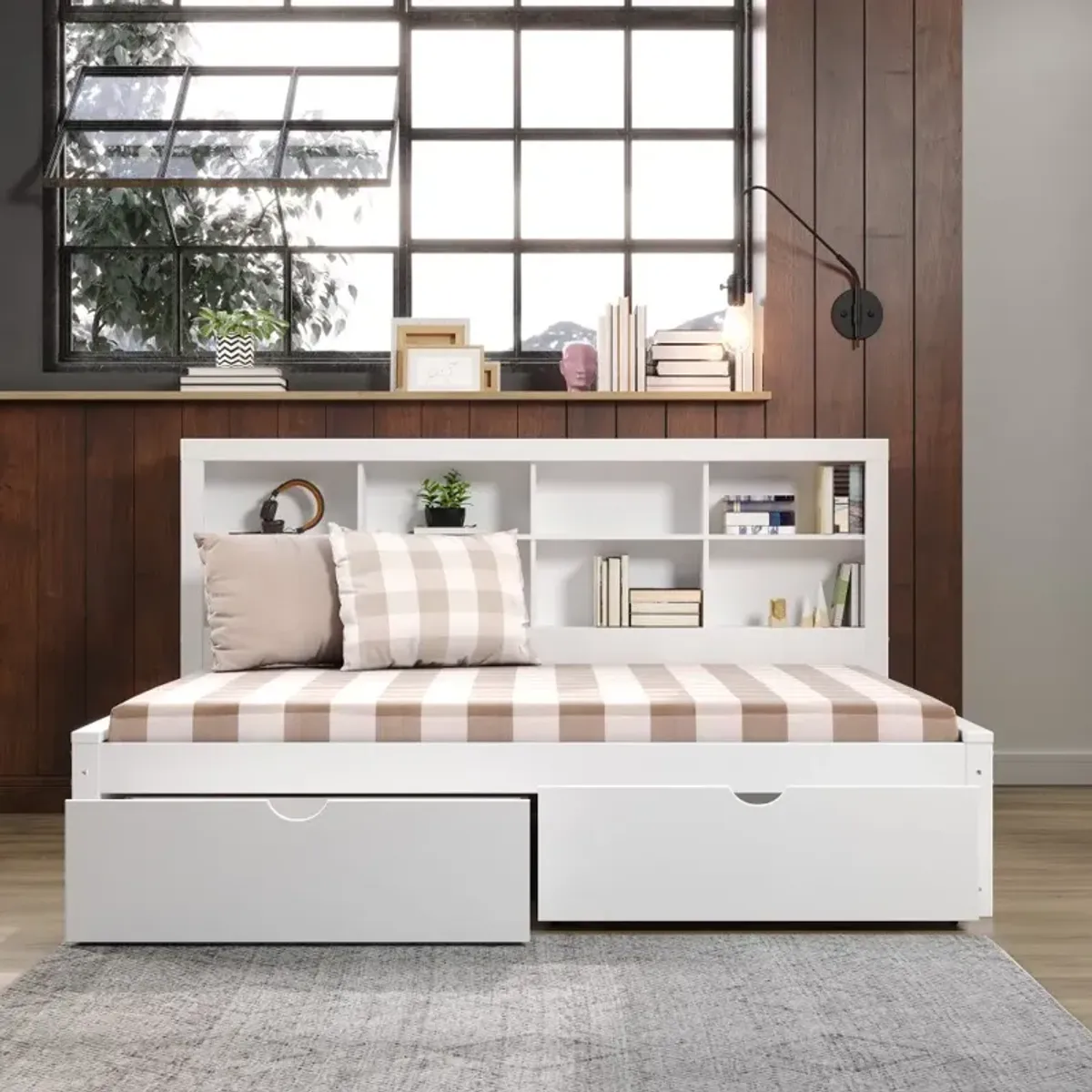 White Full Bookcase Daybed with Storage Drawers