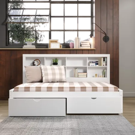 White Full Bookcase Daybed with Storage Drawers