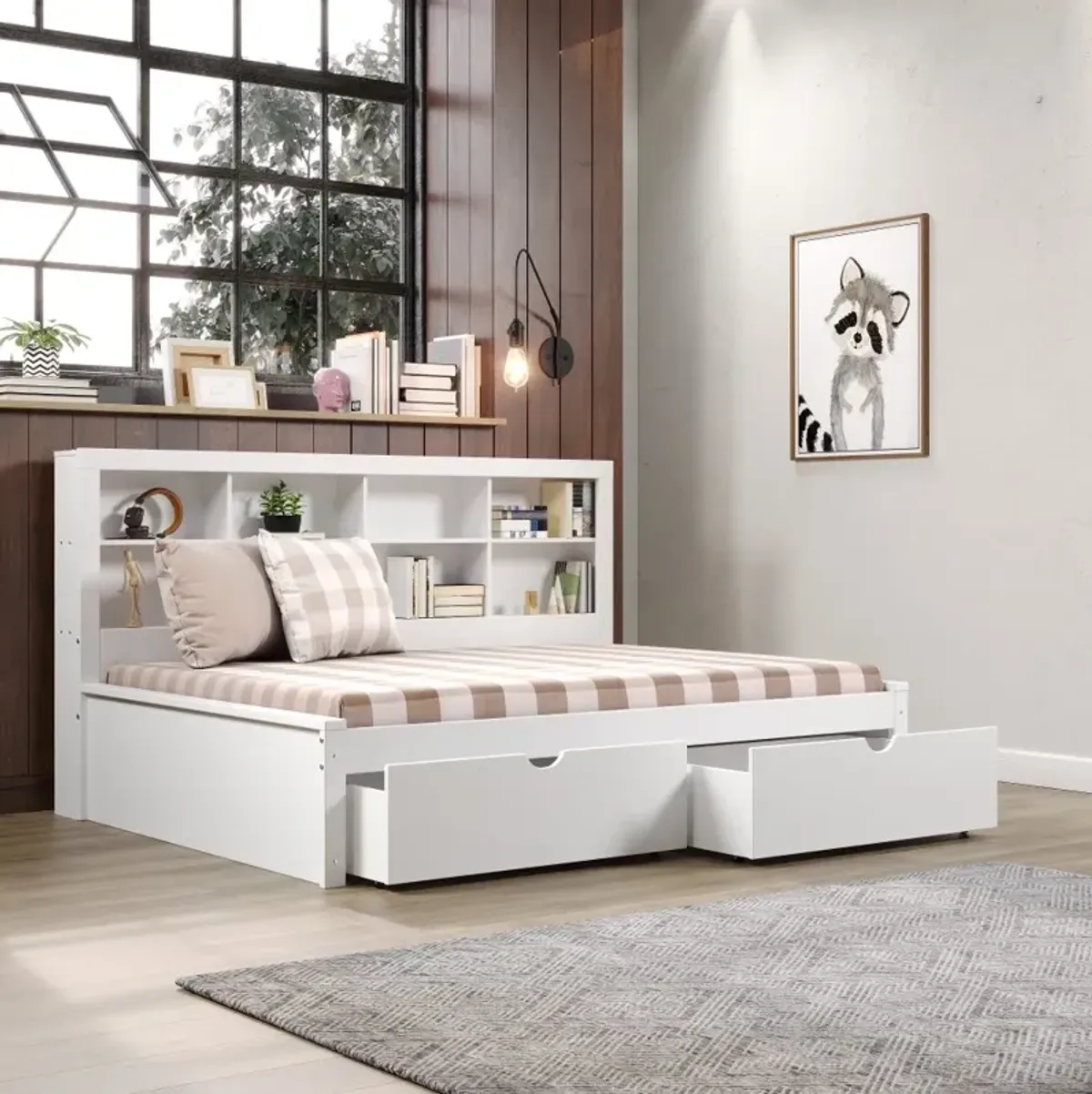 White Full Bookcase Daybed with Storage Drawers