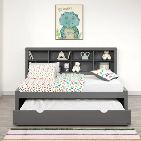 Gray Twin Bookcase Daybed with Trundle