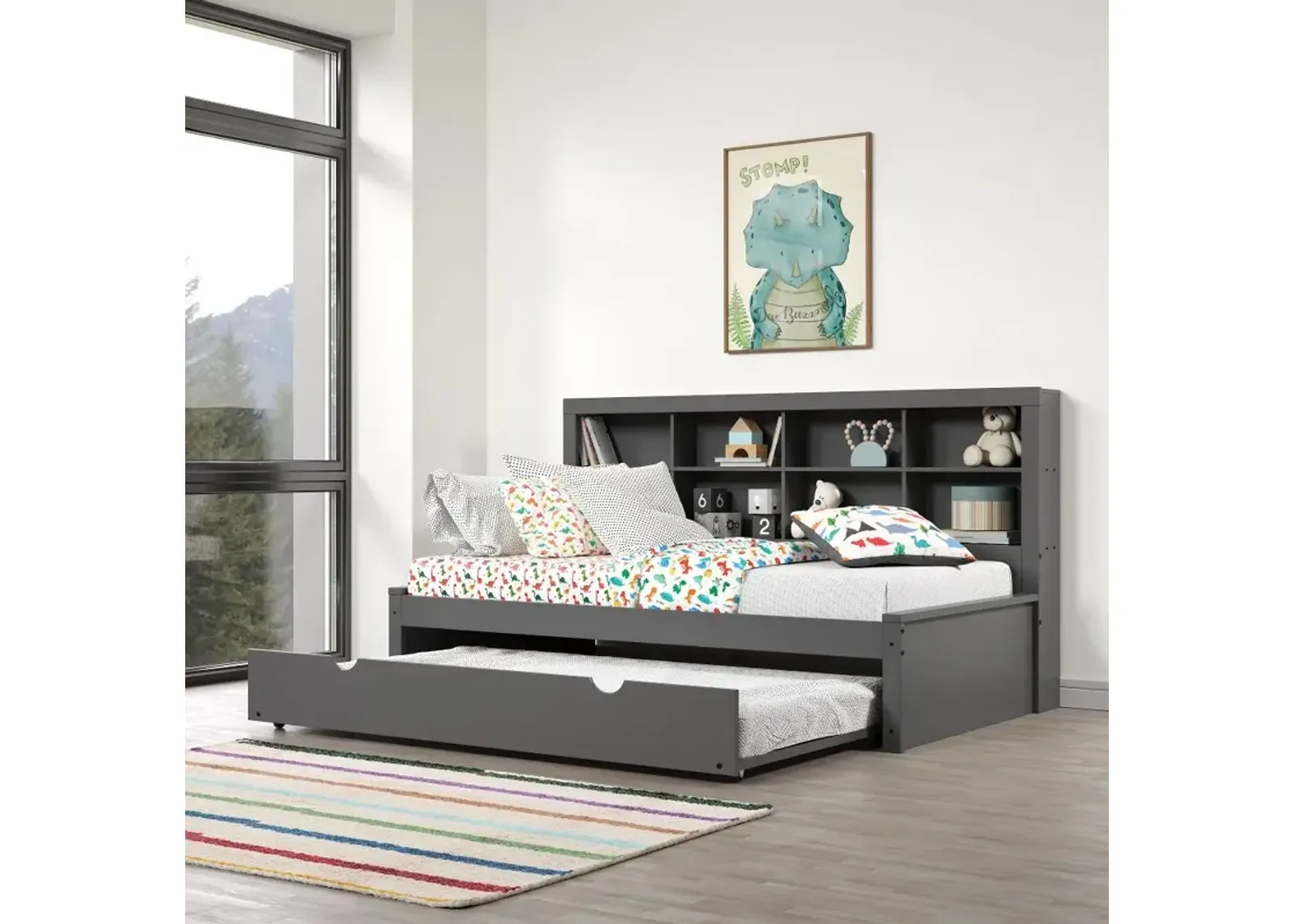 Gray Twin Bookcase Daybed with Trundle