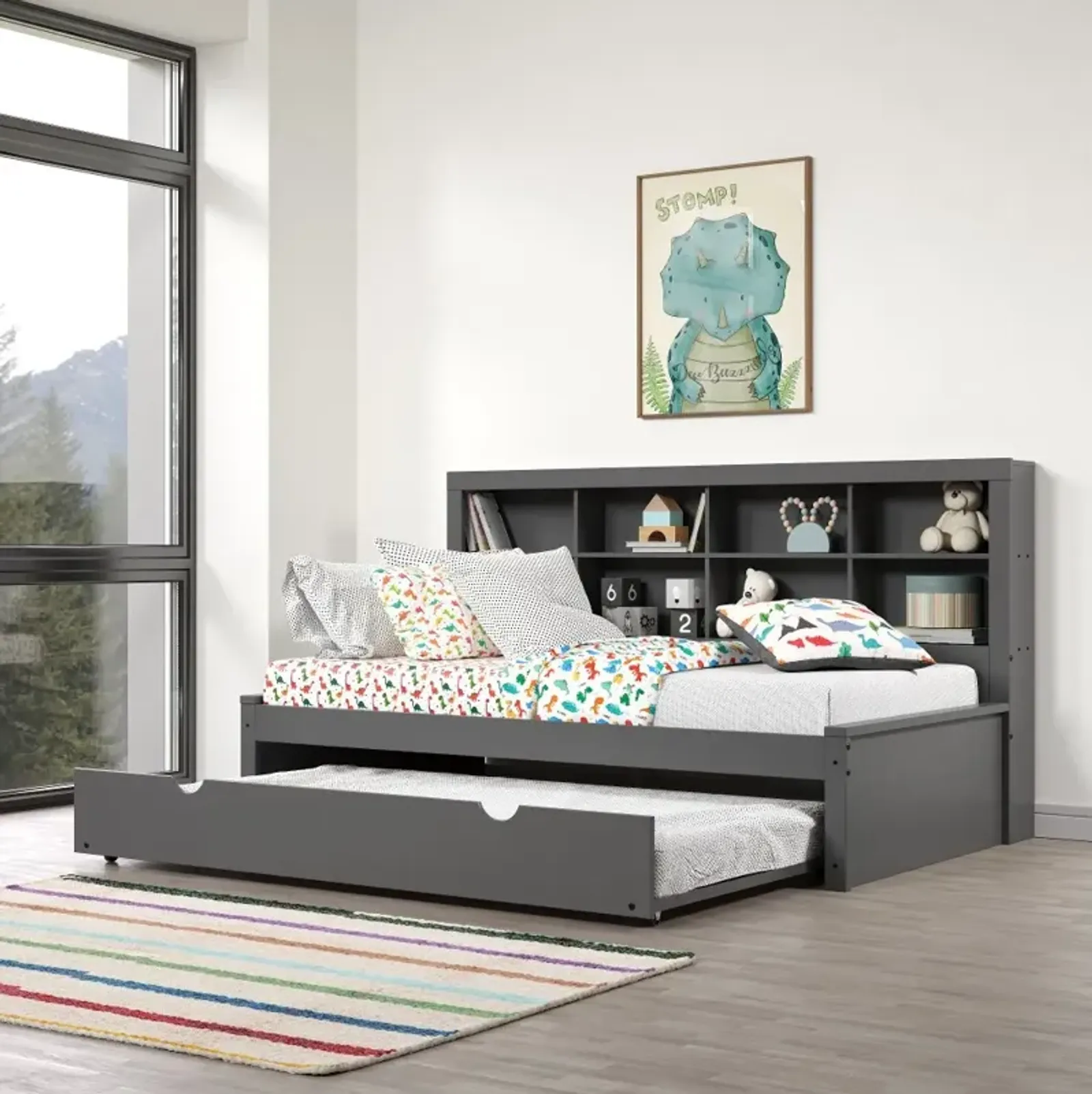 Gray Twin Bookcase Daybed with Trundle