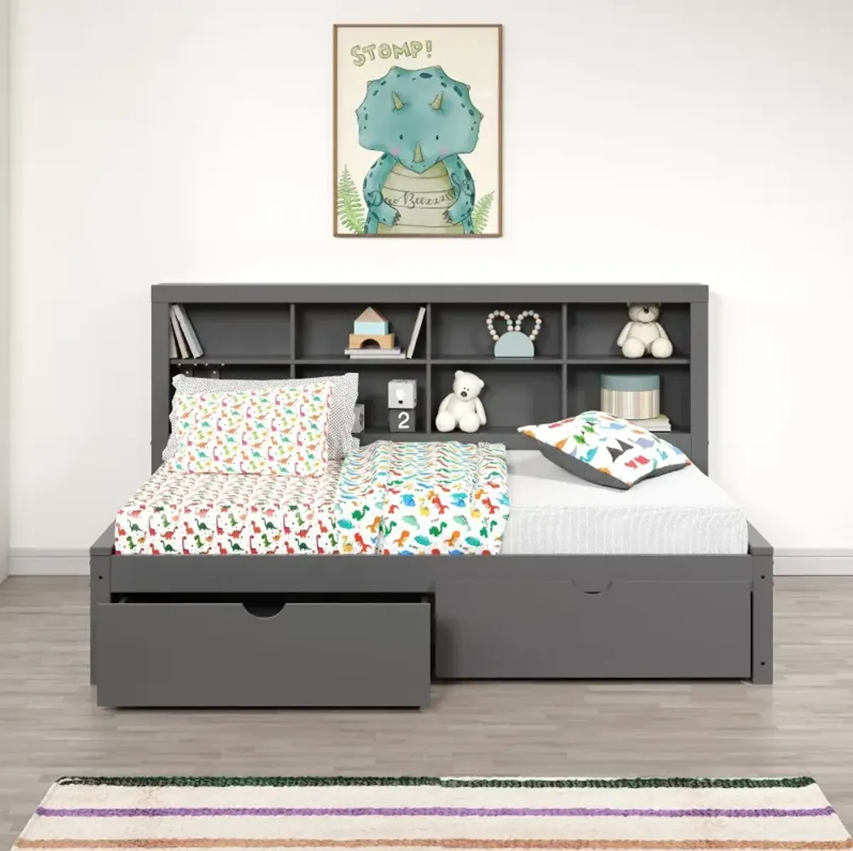 Gray Twin Bookcase Daybed with Storage Drawers