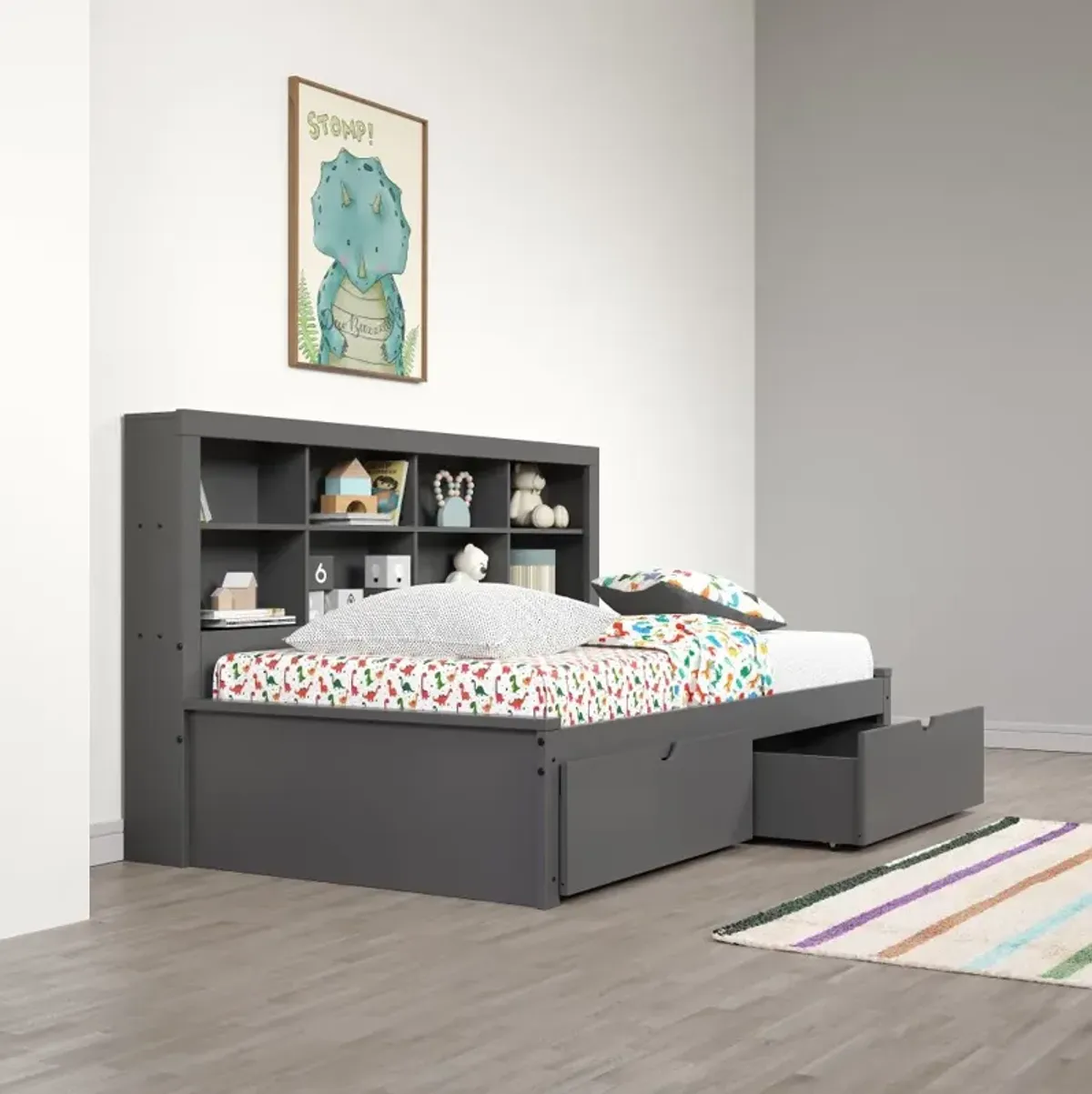 Gray Twin Bookcase Daybed with Storage Drawers