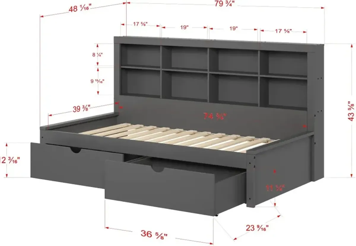 Gray Twin Bookcase Daybed with Storage Drawers