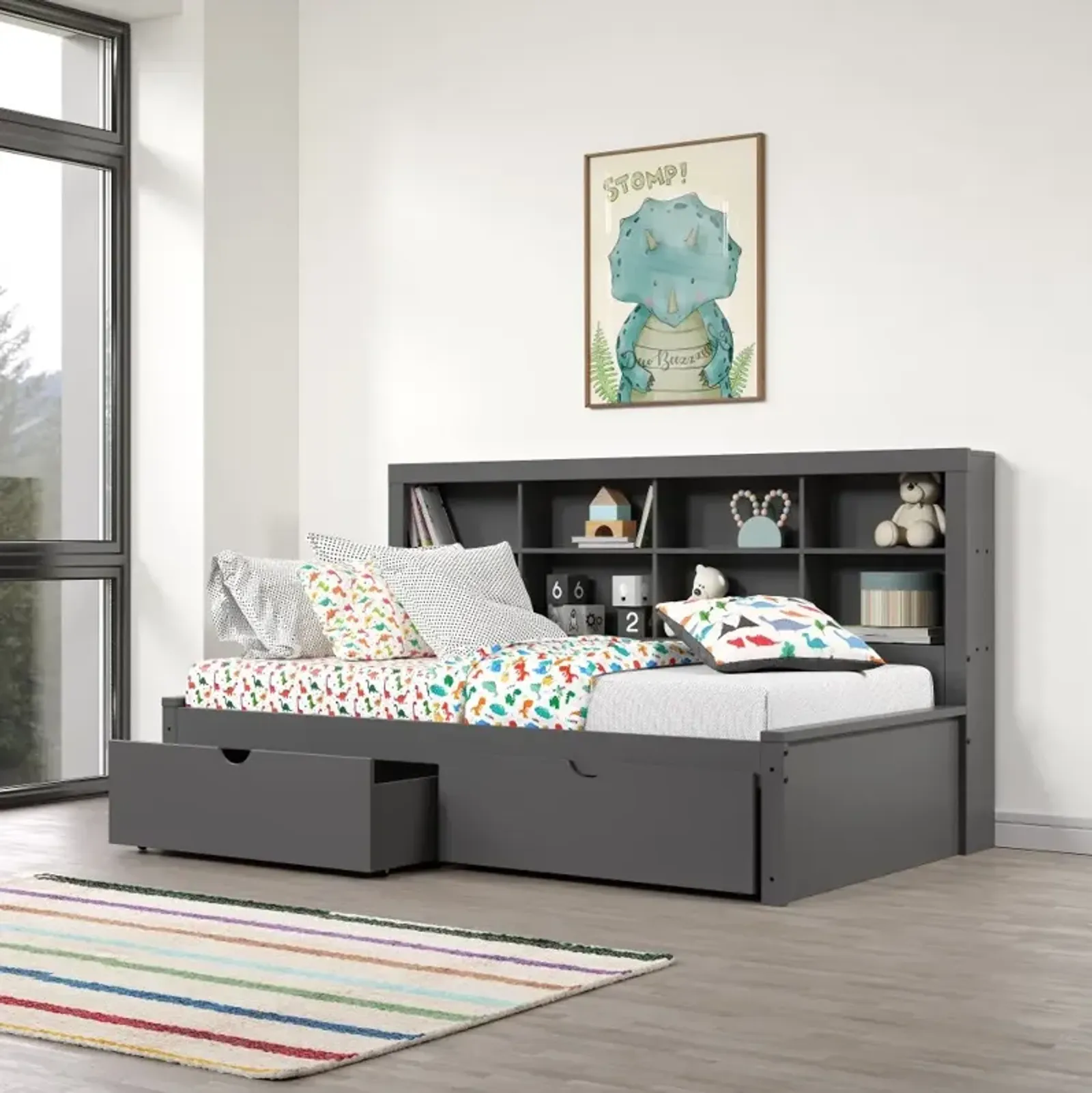 Gray Twin Bookcase Daybed with Storage Drawers