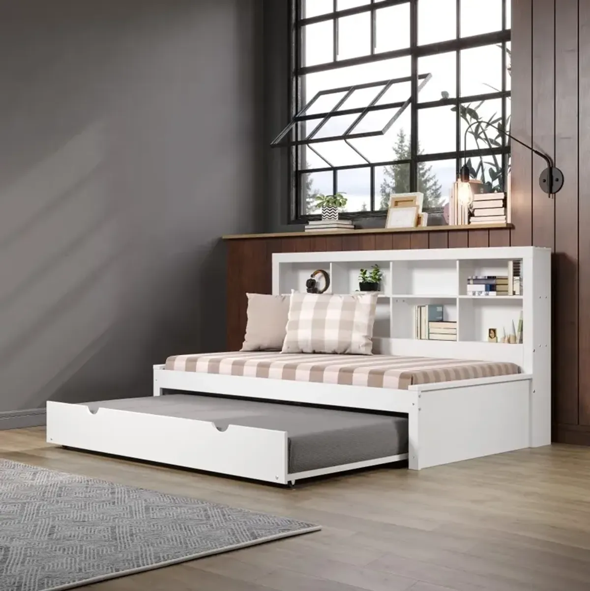 White Twin Bookcase Daybed with Trundle