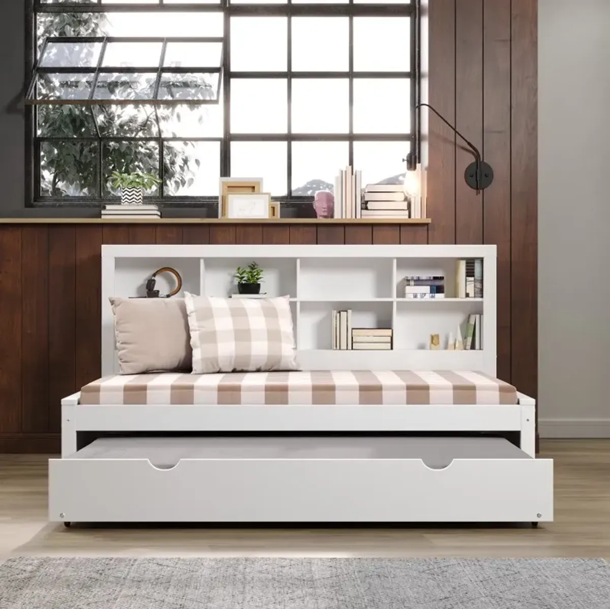 White Twin Bookcase Daybed with Trundle