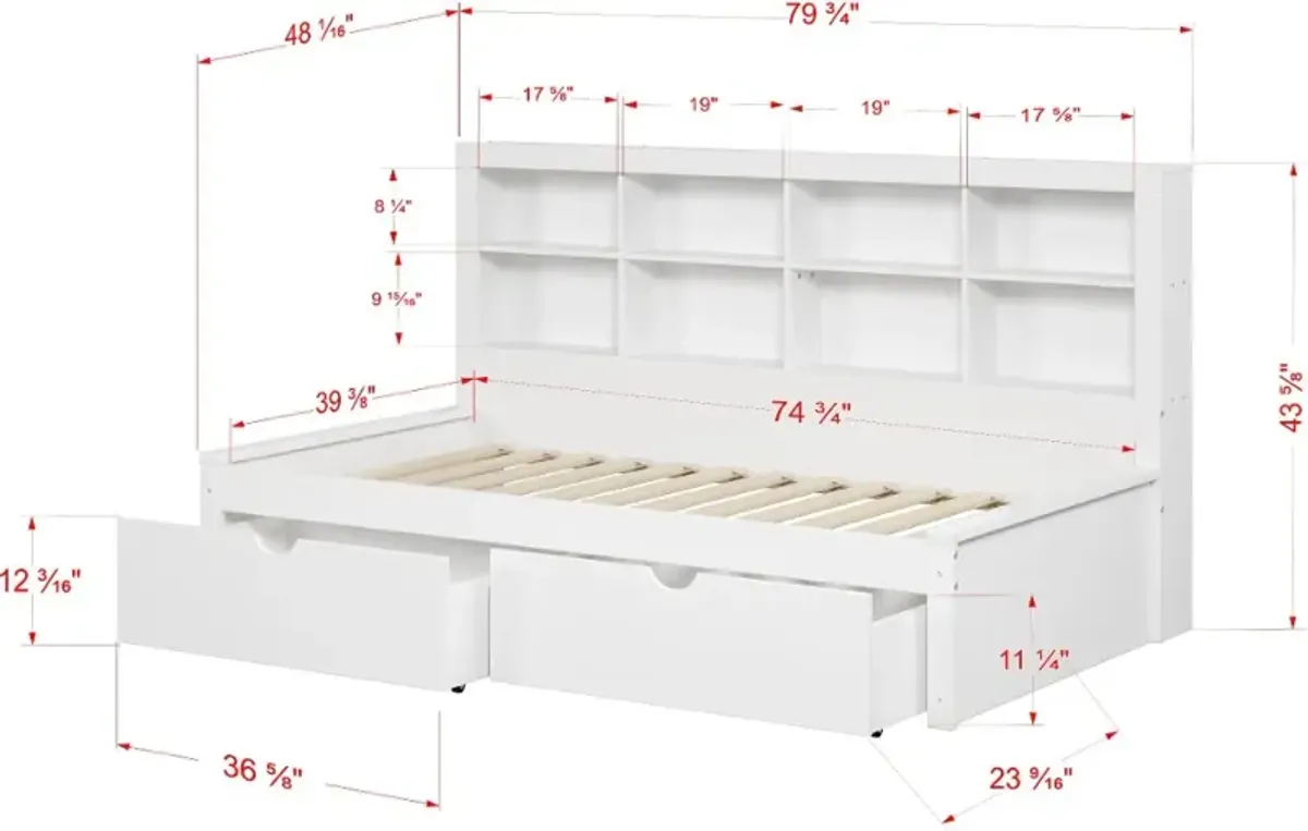 White Twin Bookcase Daybed with Storage Drawers