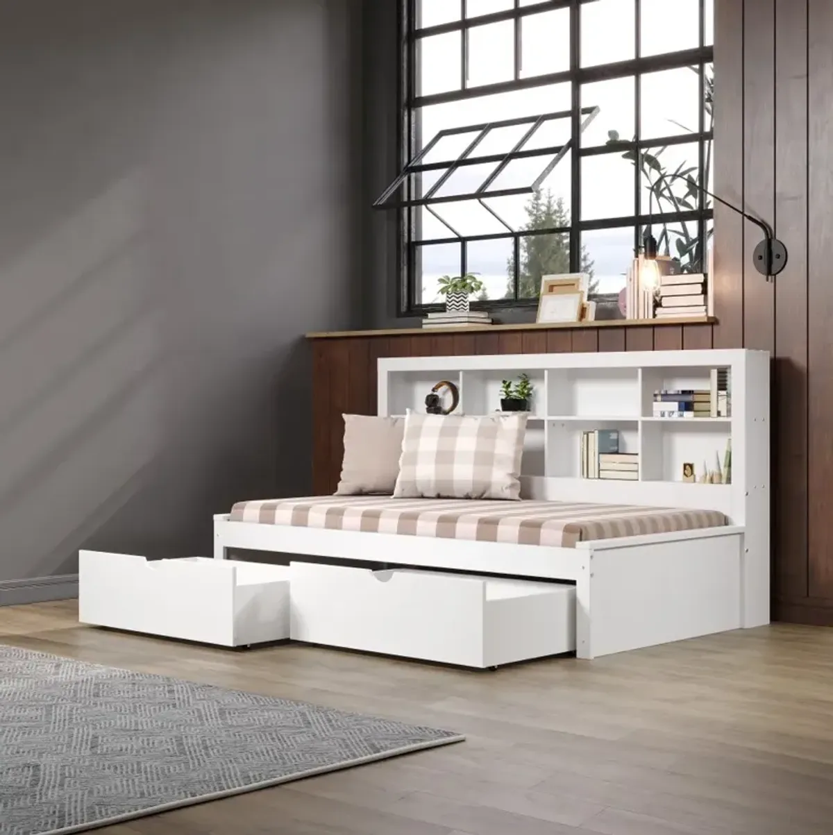 White Twin Bookcase Daybed with Storage Drawers