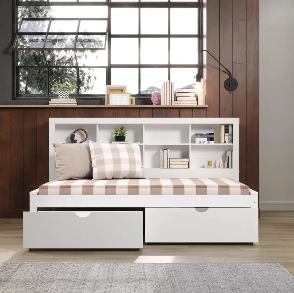 White Twin Bookcase Daybed with Storage Drawers