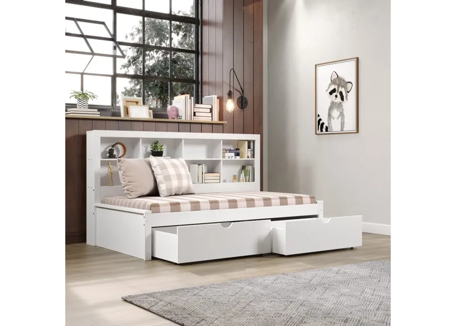 White Twin Bookcase Daybed with Storage Drawers