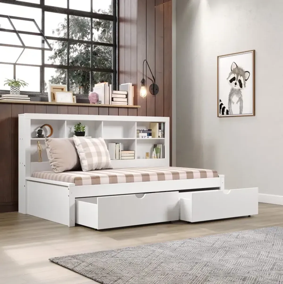 White Twin Bookcase Daybed with Storage Drawers