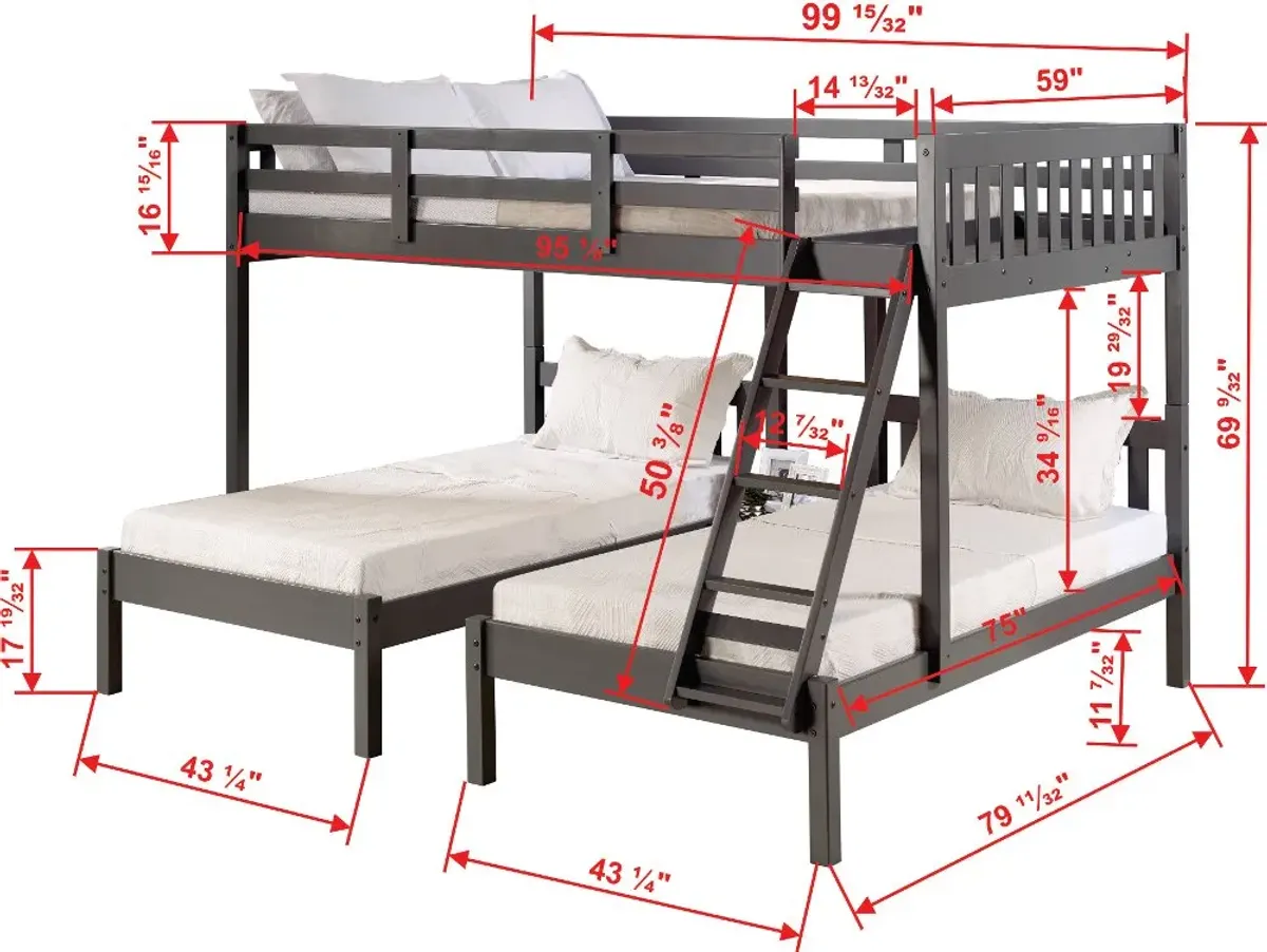 Gray Full over Double Twin Bunk Bed with Trundle