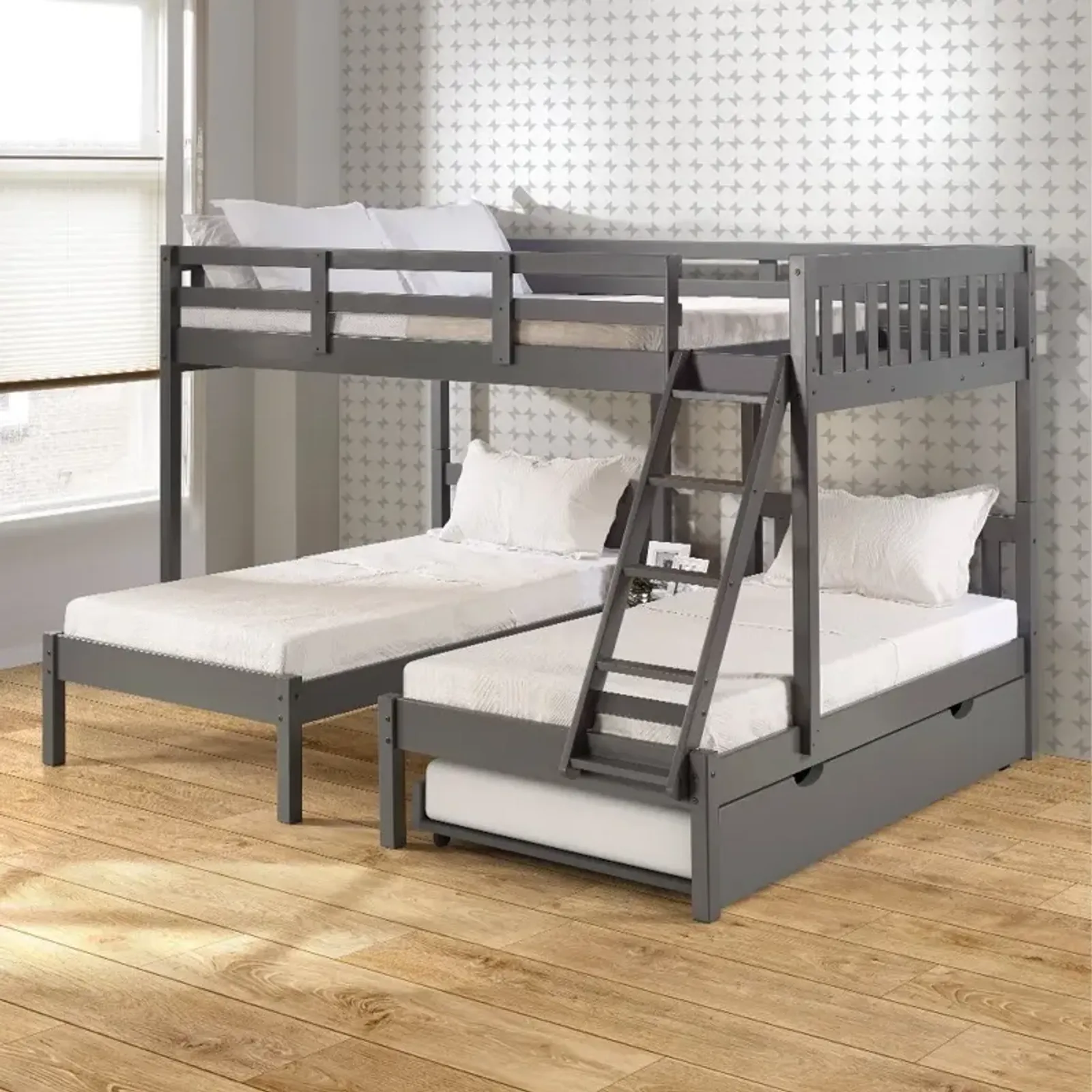 Gray Full over Double Twin Bunk Bed with Trundle