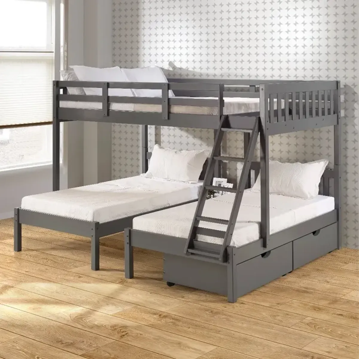 Gray Full over Double Twin Bunk Bed with Storage