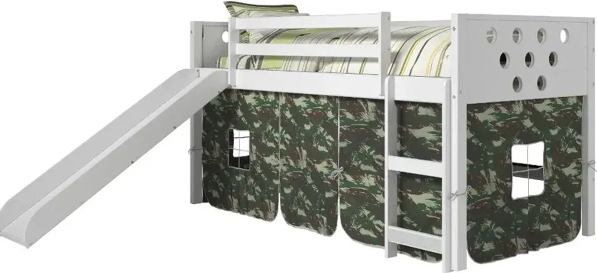 Circles White Low Twin Loft Bed with Camo Tent