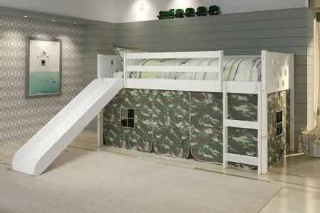 Circles White Low Twin Loft Bed with Camo Tent