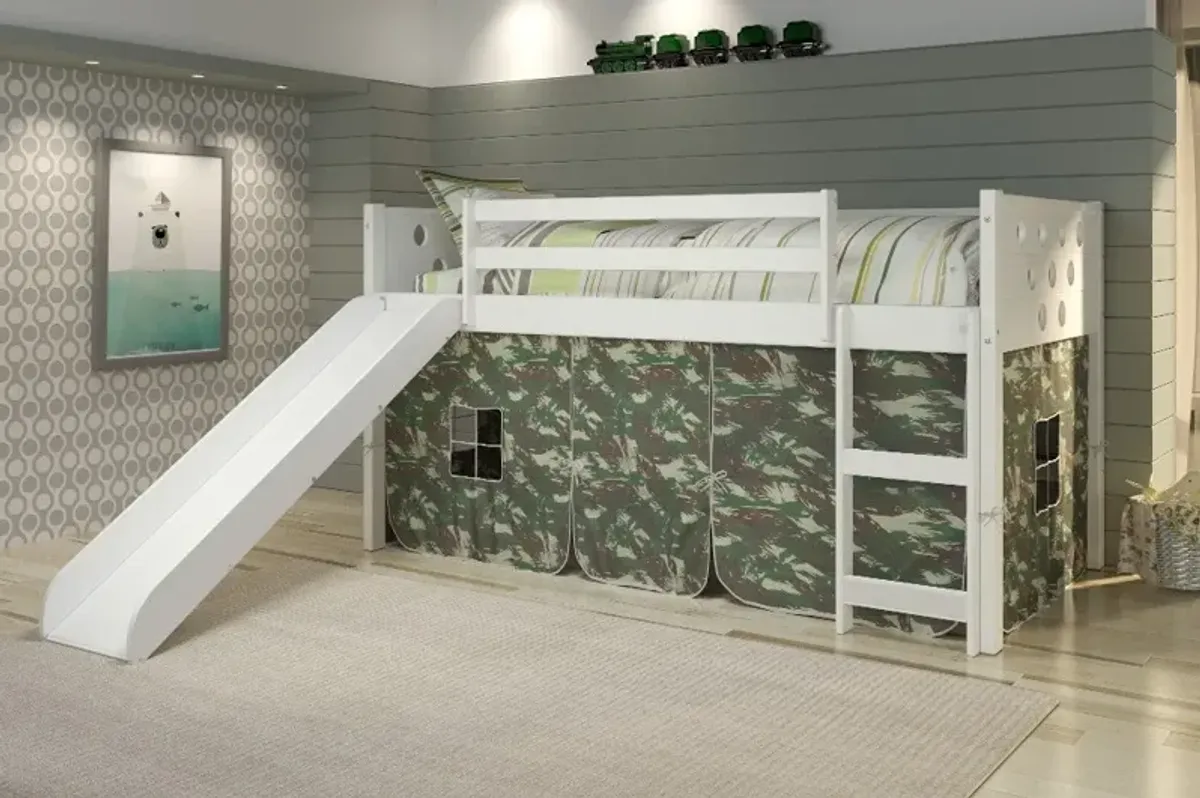 Circles White Low Twin Loft Bed with Camo Tent