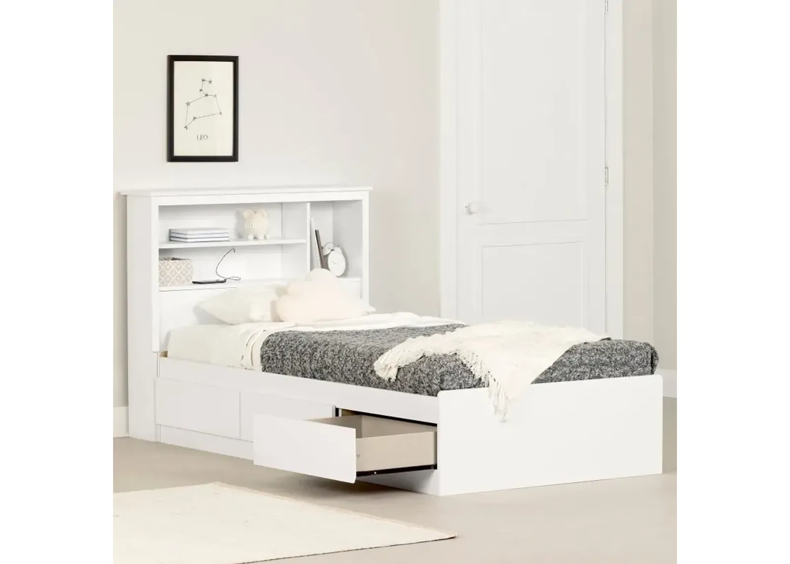 Vito White Twin Mates Bed with Bookcase Headboard - South Shore