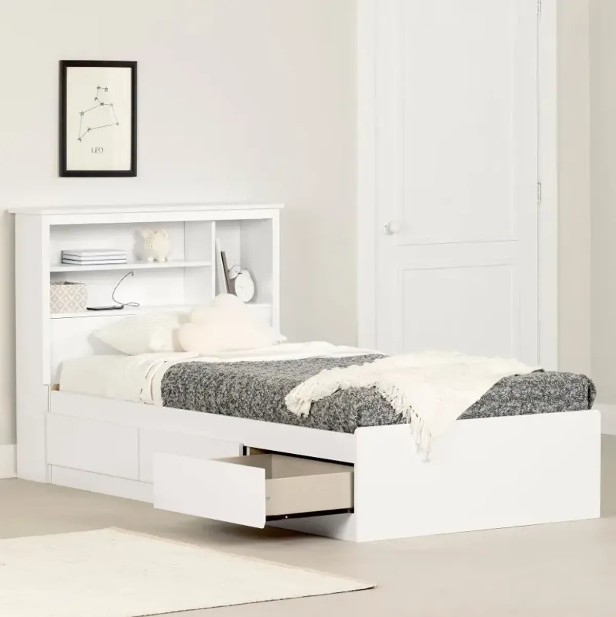 Vito White Twin Mates Bed with Bookcase Headboard - South Shore