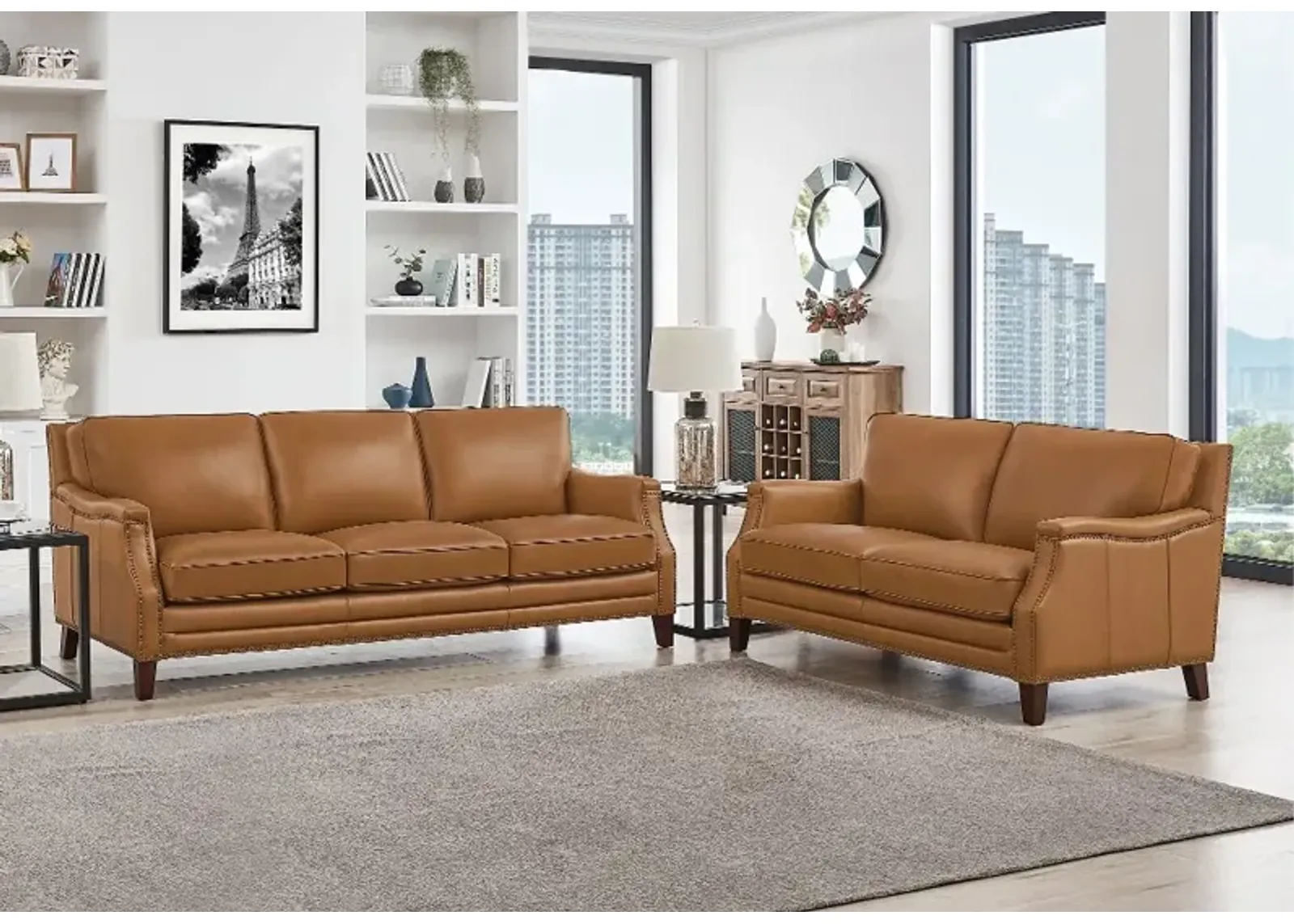 Romano Brown Leather 2 Piece Living Room Set - Sofa & Loveseat