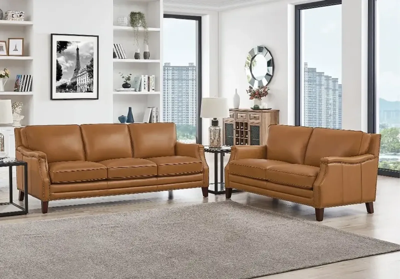 Romano Brown Leather 2 Piece Living Room Set - Sofa & Loveseat