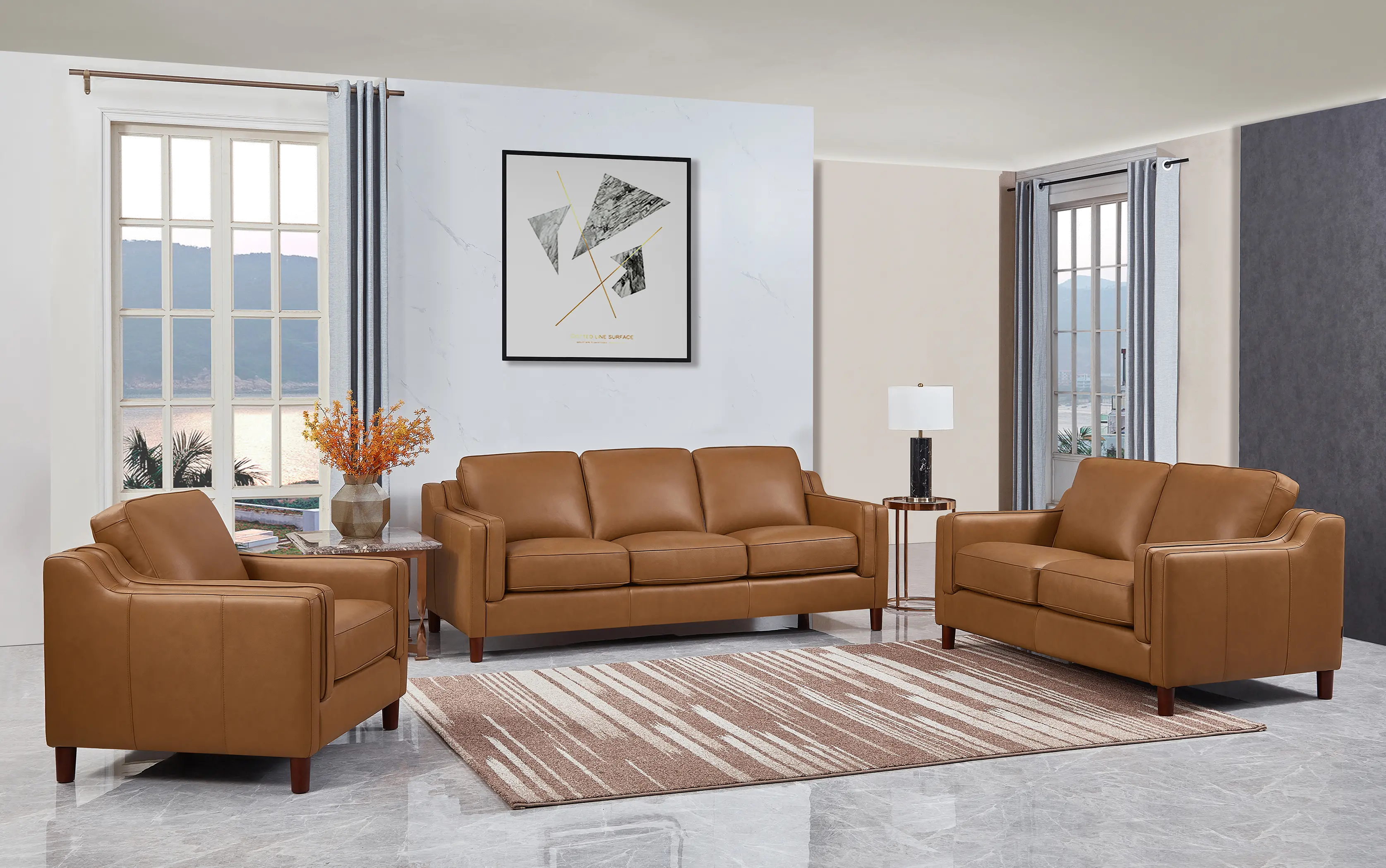 Ballari Cognac Brown Leather 3 Piece Living Room Set with Loveseat
