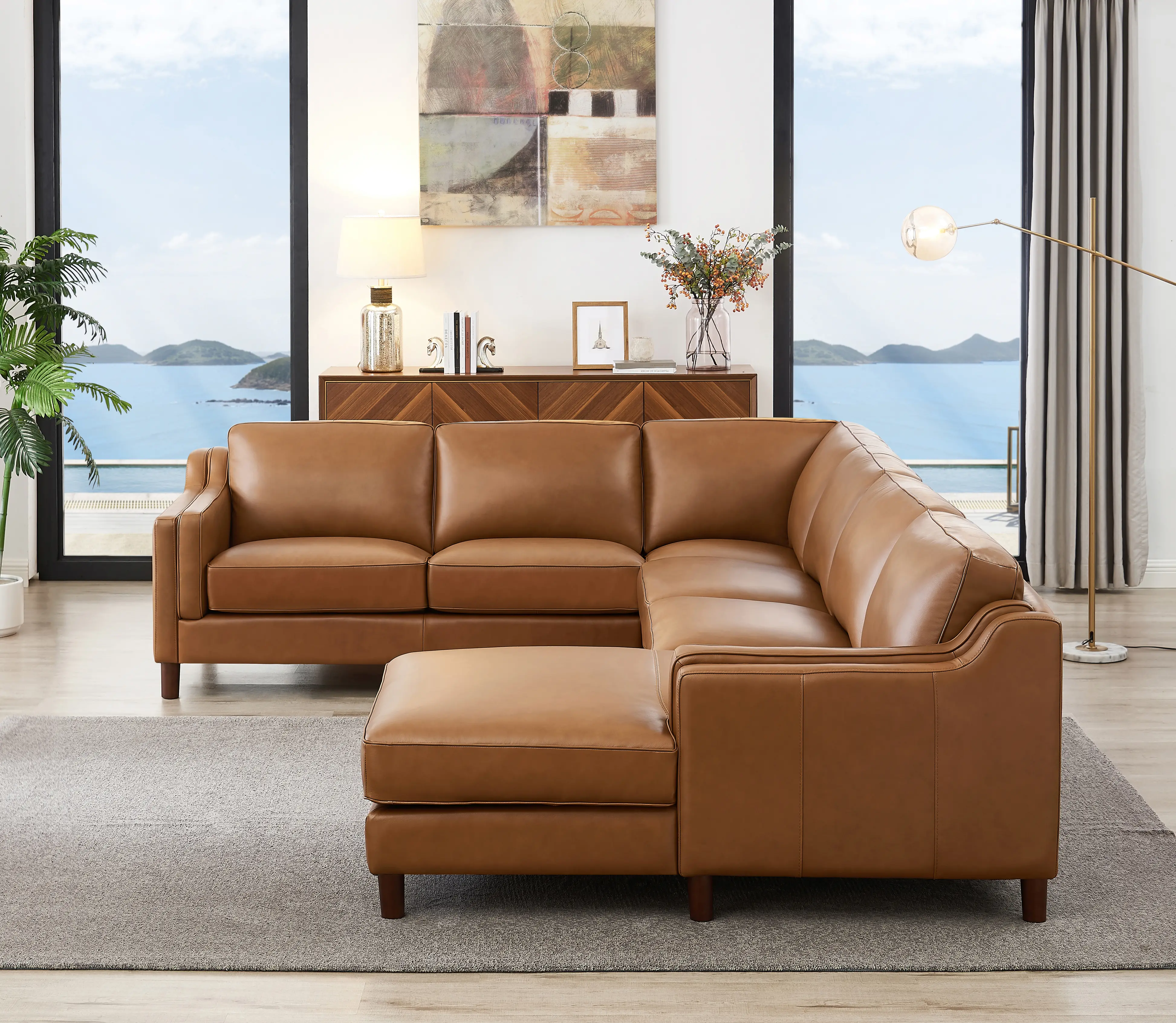 Ballari Cognac Brown Leather 4 Piece Sectional with Right-Facing...