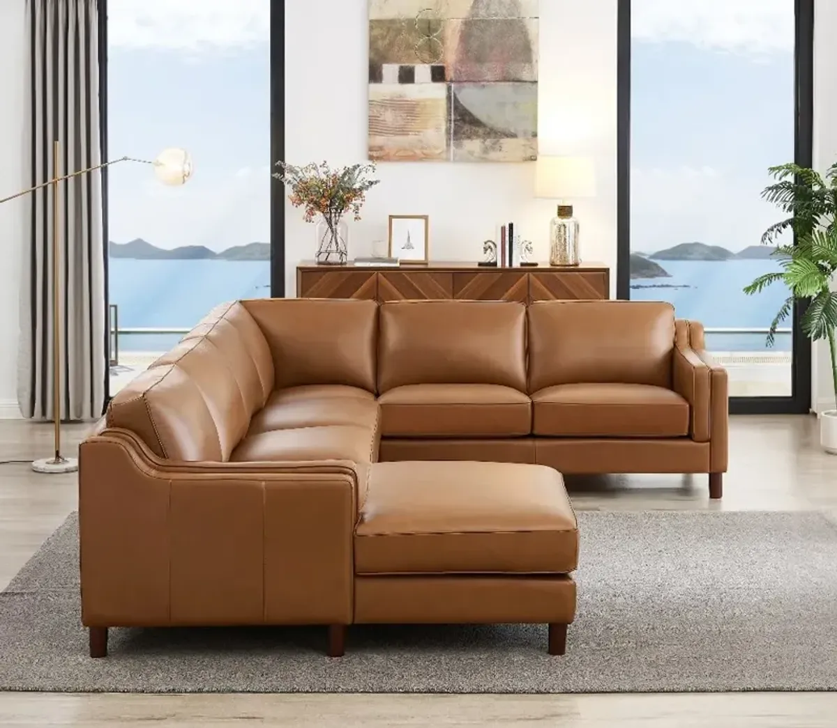 Ballari Cognac Brown Leather 4 Piece Sectional with Left-Facing Chaise