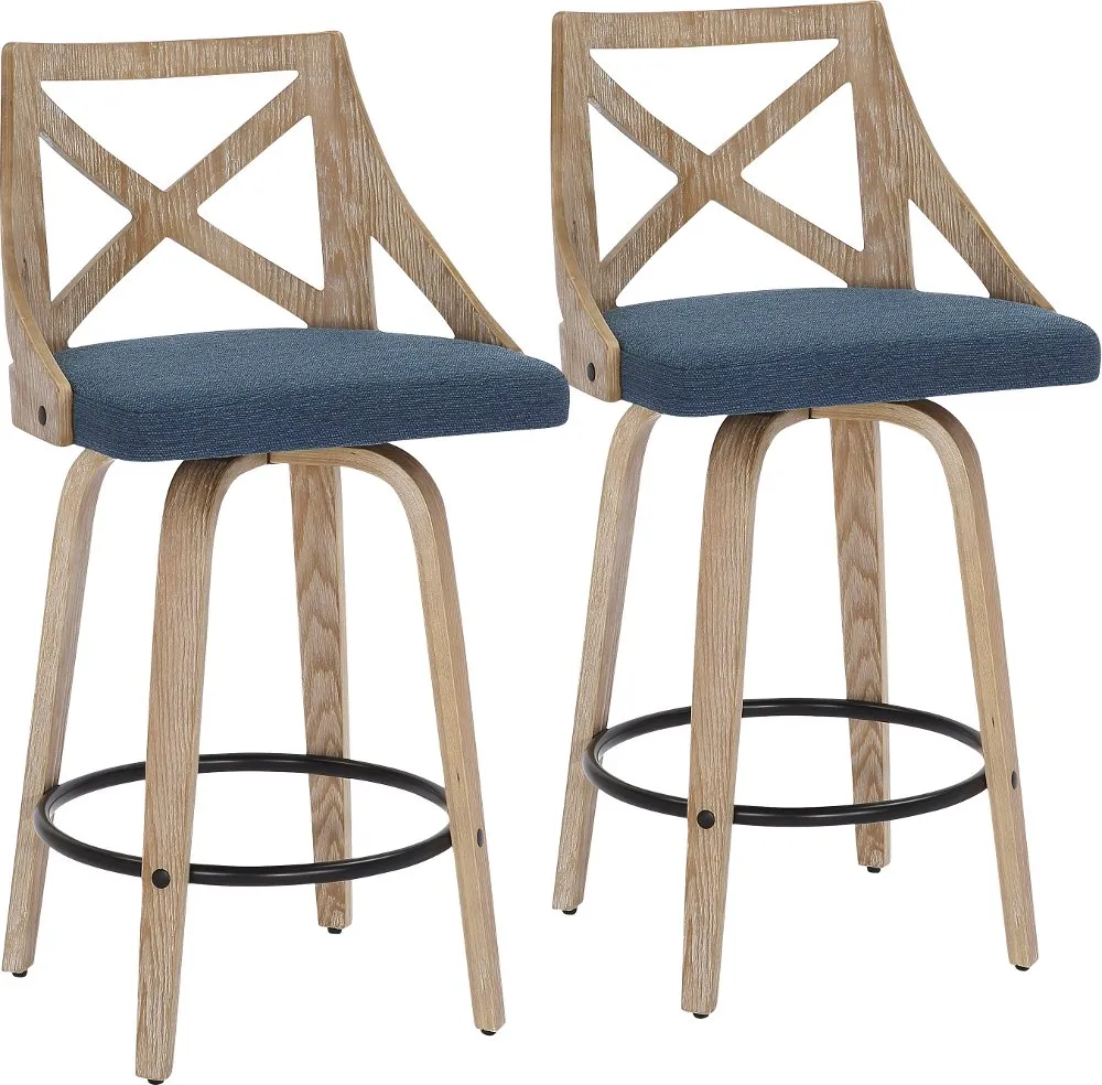 Charlotte Blue & White-Washed Wood Counter Stool, Set of 2