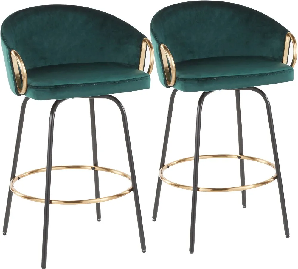 Claire Glam Gold & Emerald Velvet Barstool Stool, Set of 2