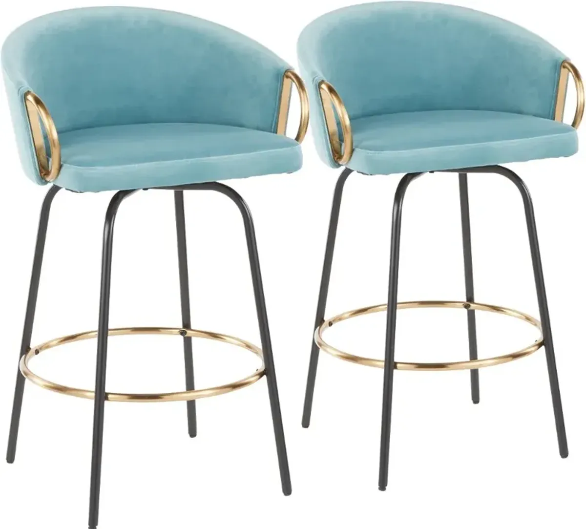 Claire Glam Gold & Light Blue Velvet Barstool Stool, Set of 2