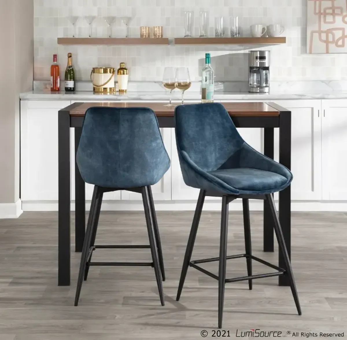 Diana Blue Velvet Swiveling Counter Stools, Set of 2