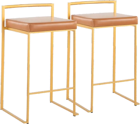 Fuji Low Back Gold & Camel Faux Leather Counter Stools, Set of 2