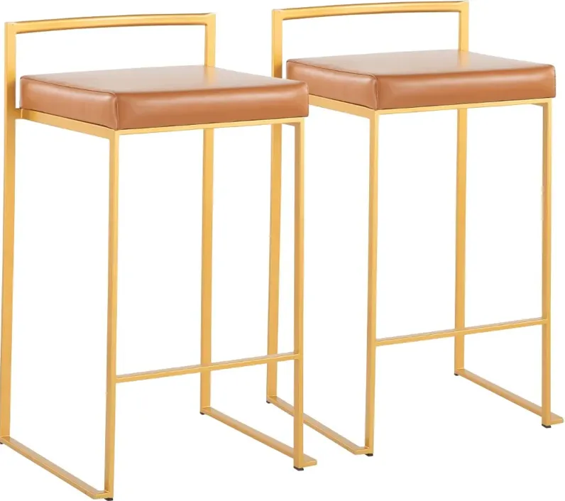 Fuji Low Back Gold & Camel Faux Leather Counter Stools, Set of 2