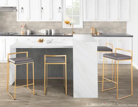 Fuji Low Back Gold & Gray Faux Leather Counter Stools, Set of 2