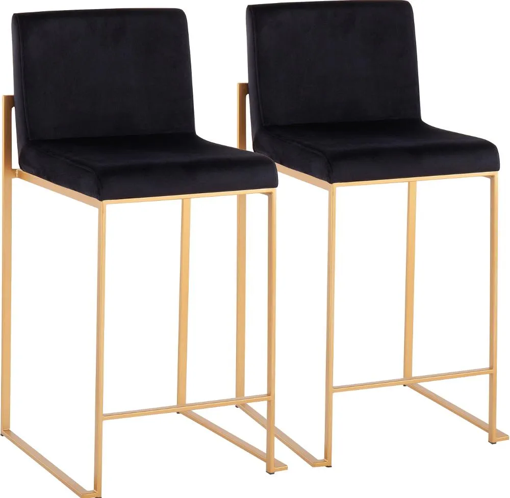 Fuji High Back Gold & Black Velvet Counter Stools, Set of 2