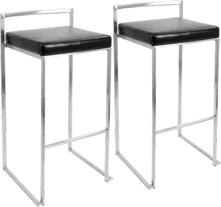 Fuji Low Back Stainless & Black Faux Leather Barstools, Set of 2