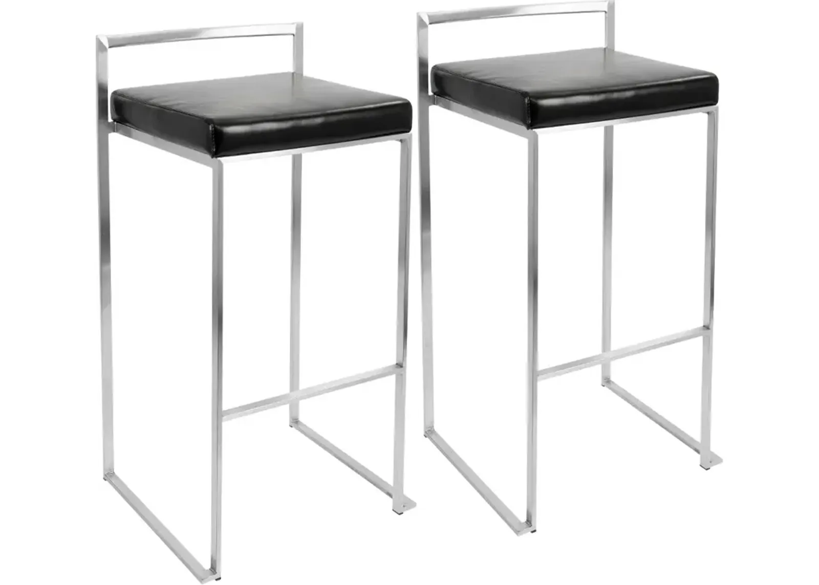 Fuji Low Back Stainless & Black Faux Leather Barstools, Set of 2