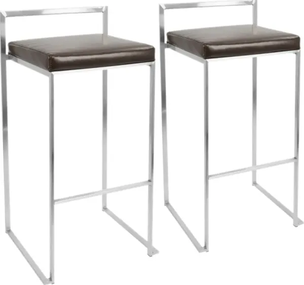 Fuji Low Back Stainless & Brown Faux Leather Barstools, Set of 2