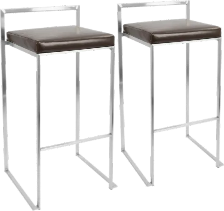 Fuji Low Back Stainless & Brown Faux Leather Barstools, Set of 2
