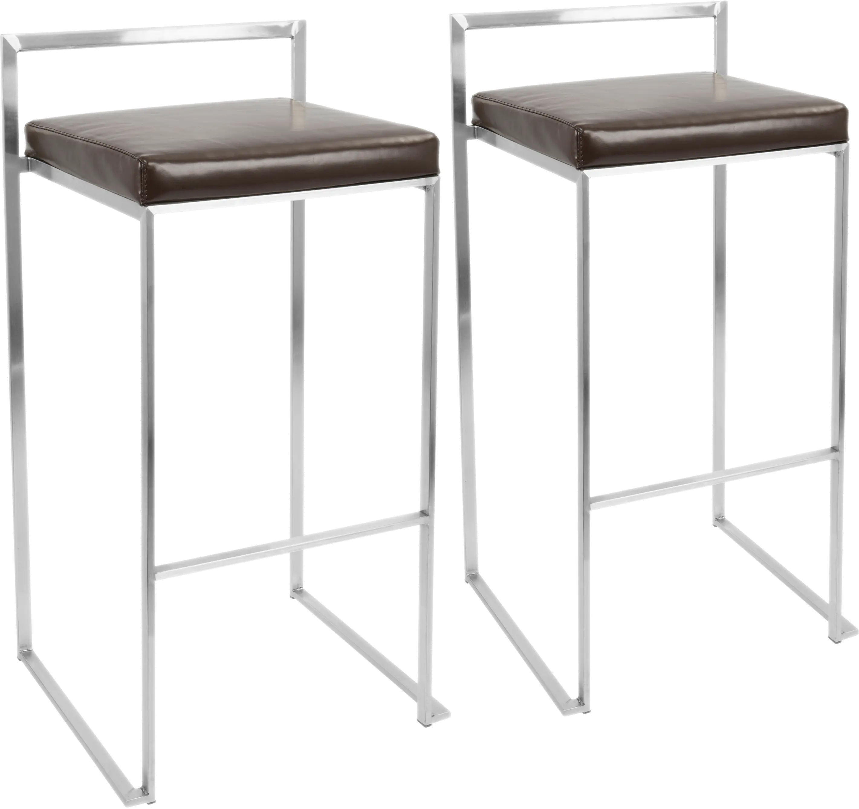 Fuji Low Back Stainless & Brown Faux Leather Barstools, Set of 2