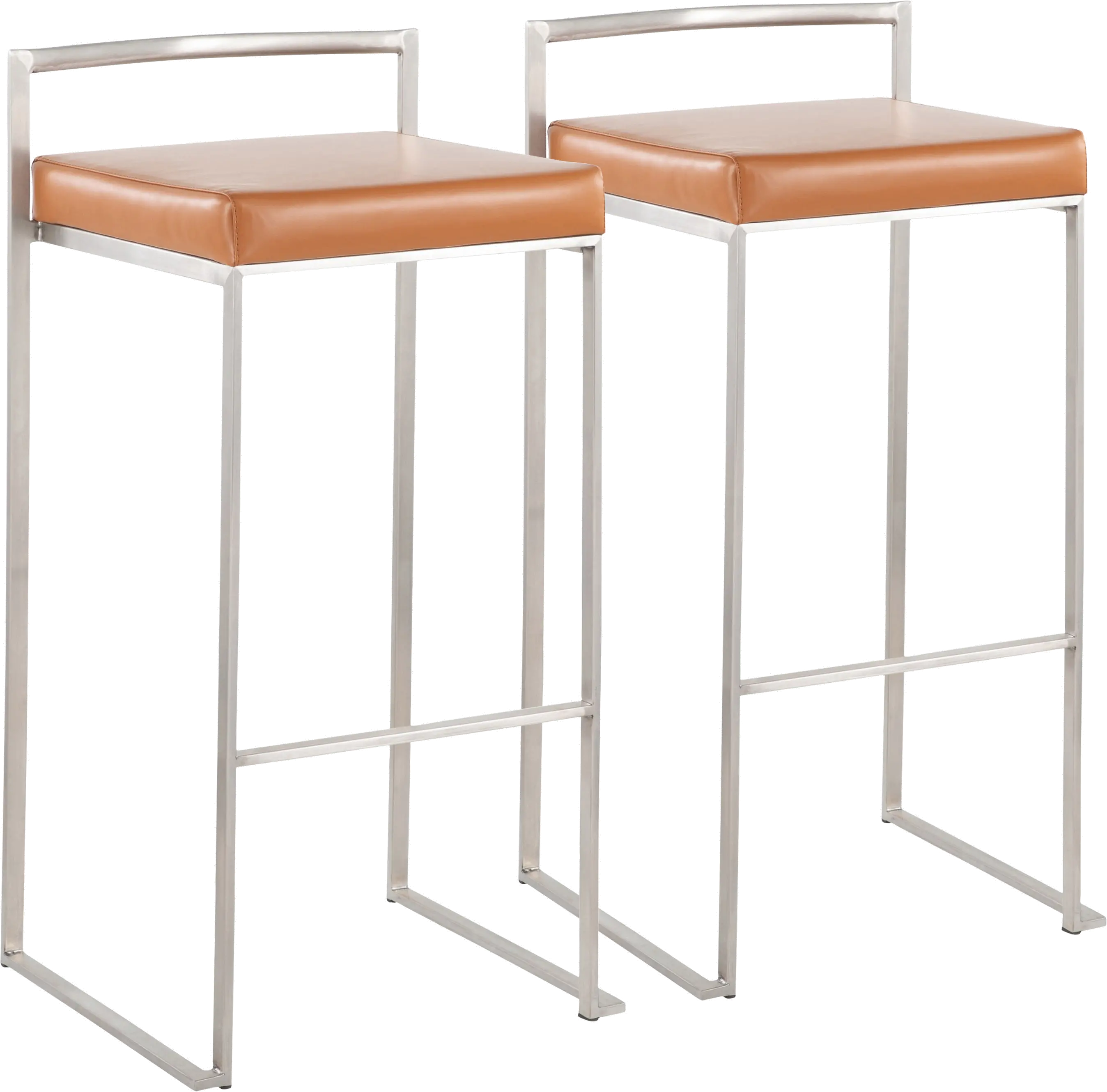 Fuji Low Back Stainless & Camel Faux Leather Barstools, Set of 2