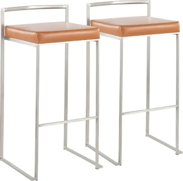 Fuji Low Back Stainless & Camel Faux Leather Barstools, Set of 2