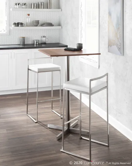 Fuji Low Back Stainless & White Faux Leather Barstools, Set of 2