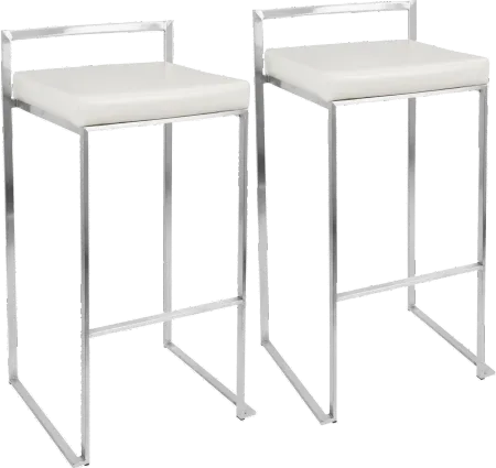 Fuji Low Back Stainless & White Faux Leather Barstools, Set of 2