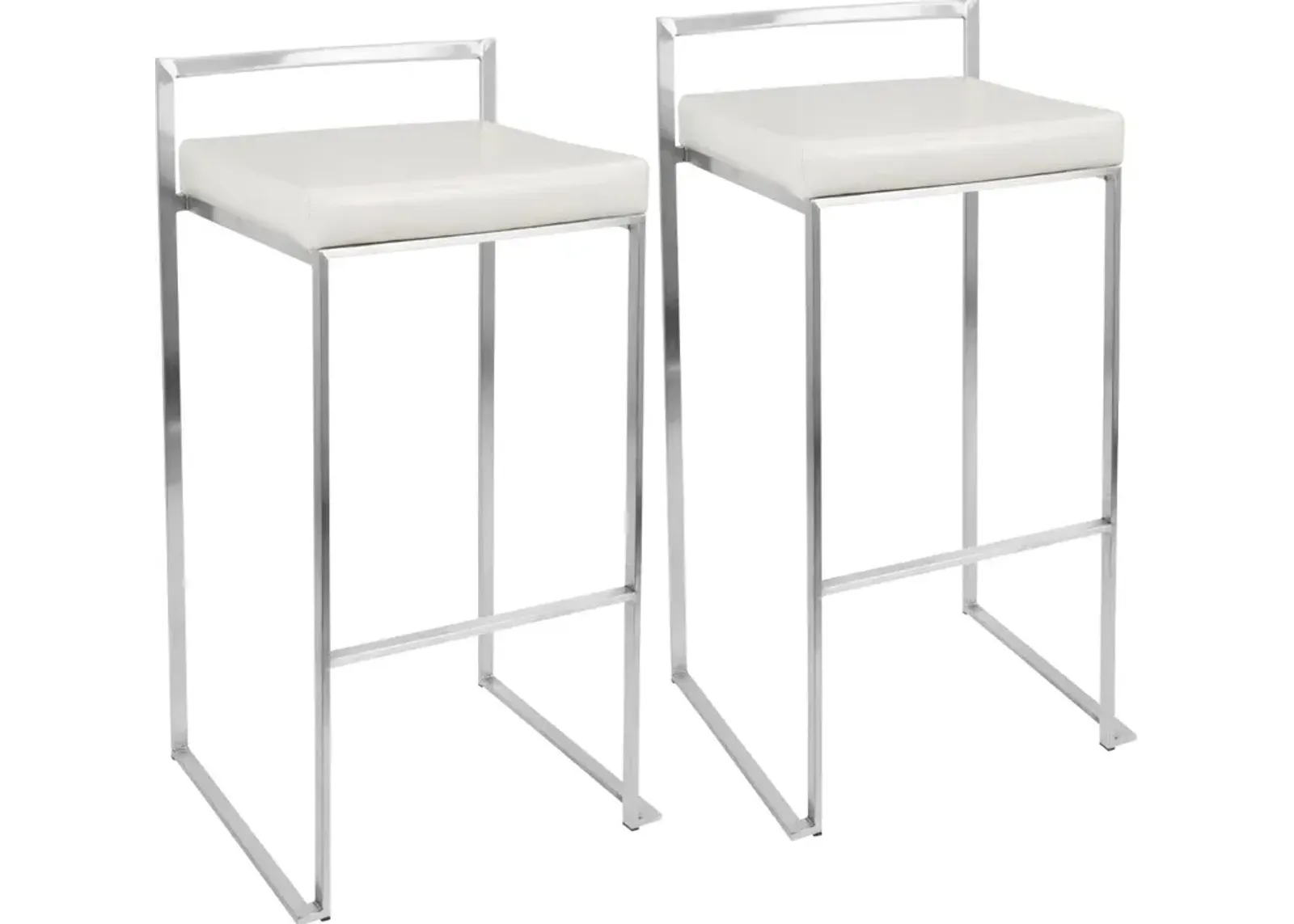 Fuji Low Back Stainless & White Faux Leather Barstools, Set of 2