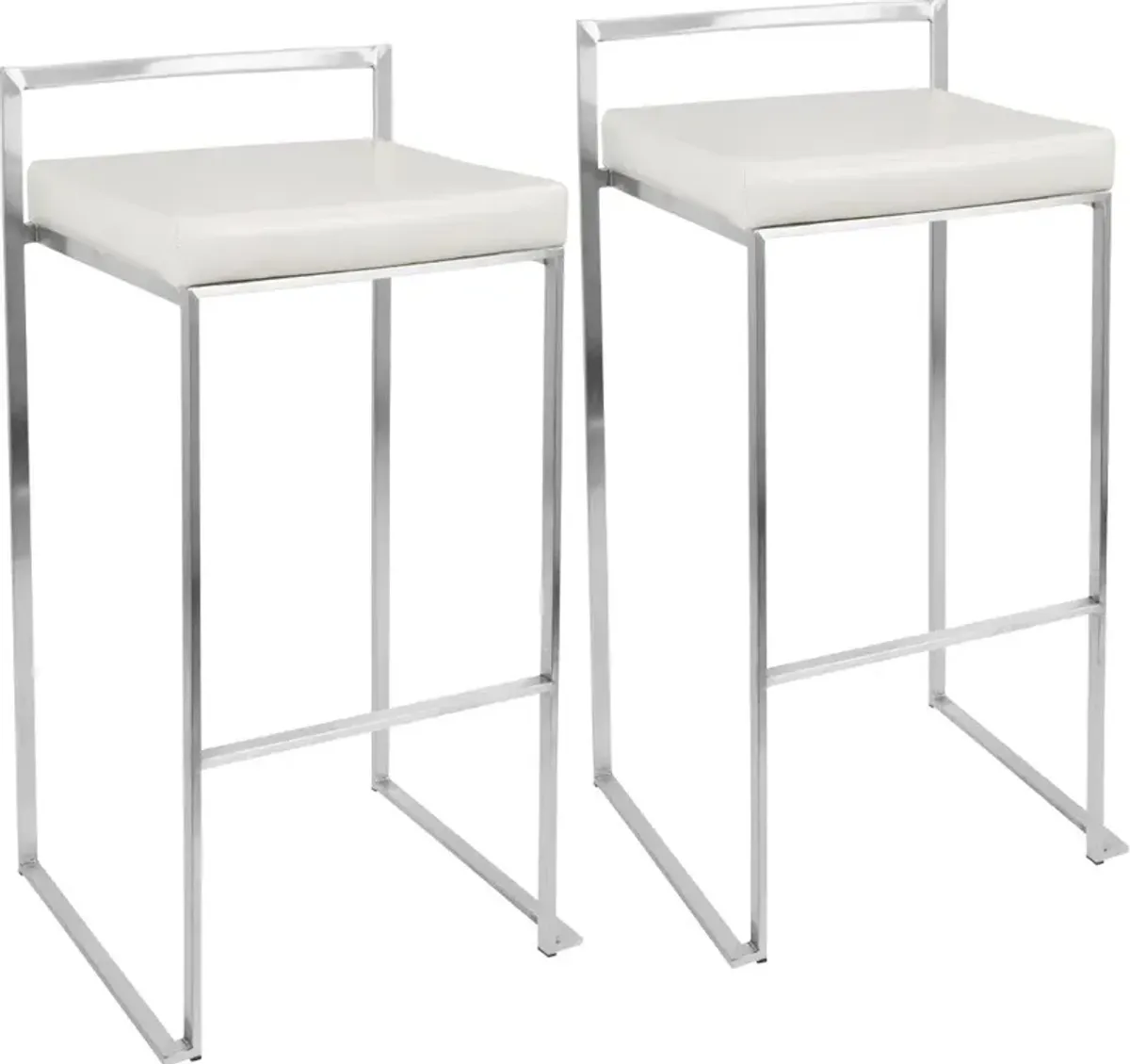 Fuji Low Back Stainless & White Faux Leather Barstools, Set of 2